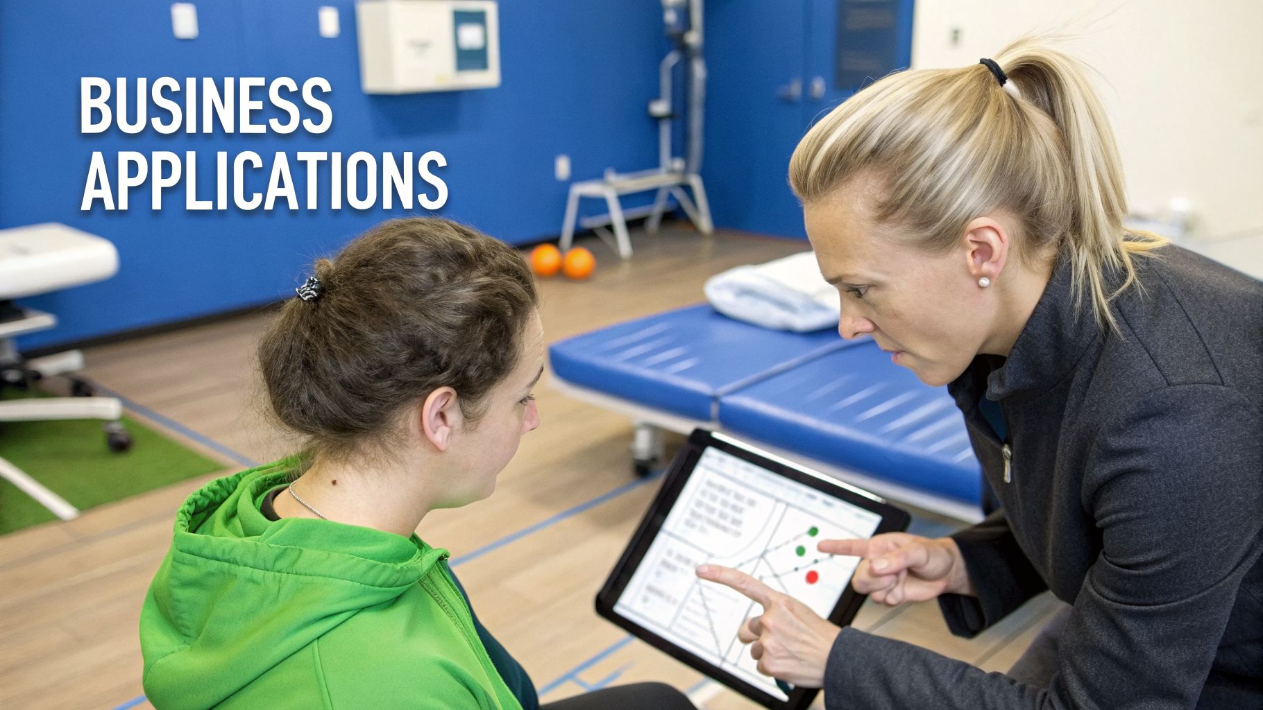 A professional guides a student through an application on a tablet in a therapy setting.