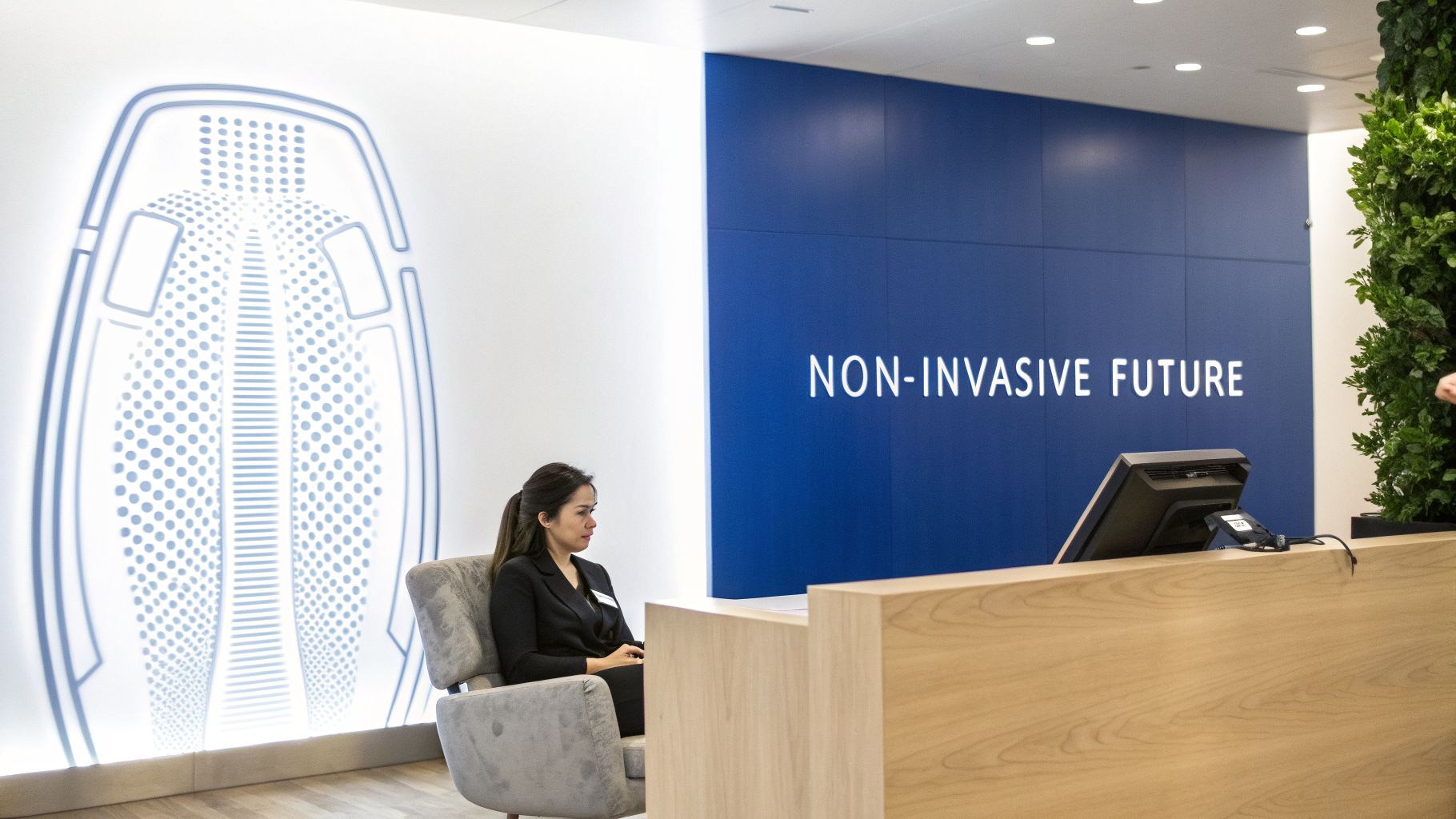A woman in a black suit sits in a modern clinic reception area with a blue wall.