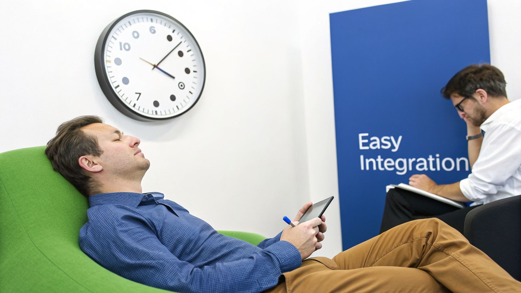 Relaxed man in a green chair holding a tablet in an office environment with a colleague.