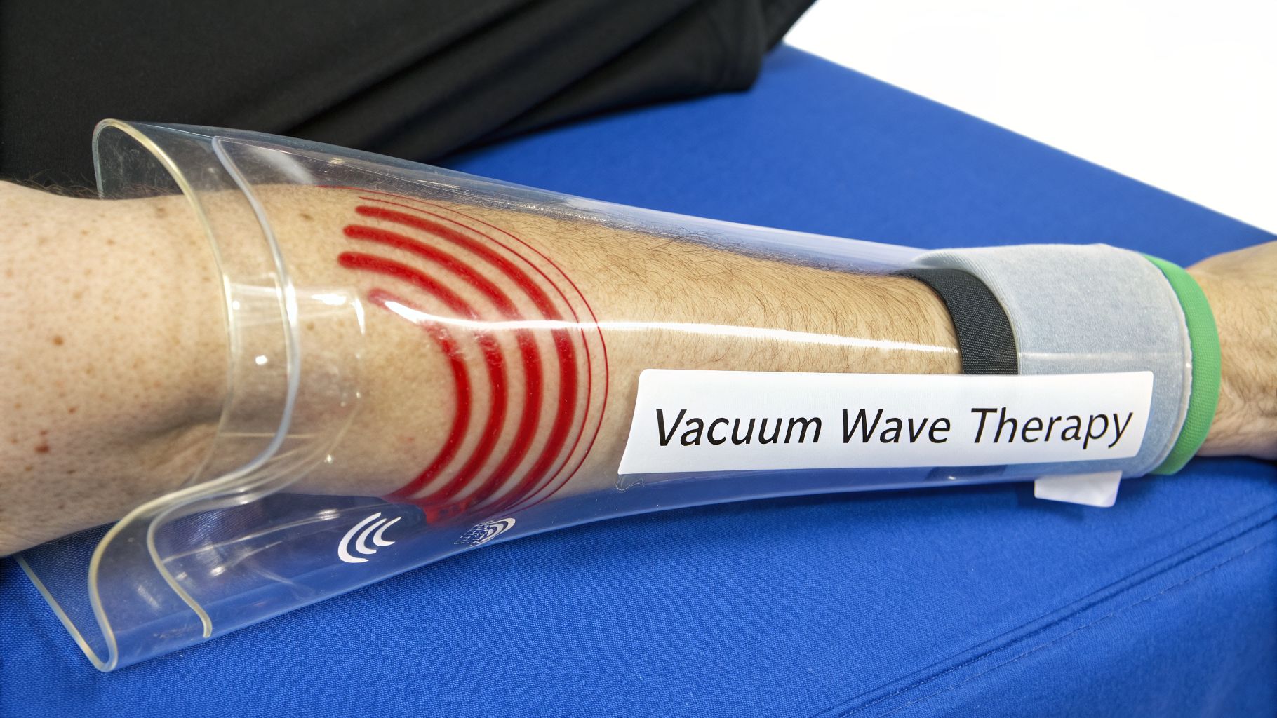 A person's forearm receiving Vacuum Wave Therapy within a clear, cylindrical medical device.