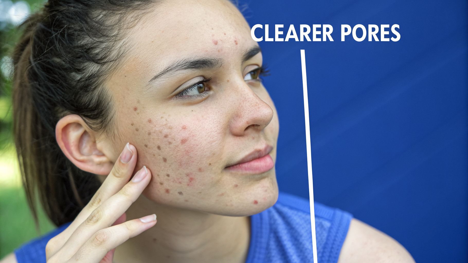 A young woman with acne and freckles on her face, with text "CLEARER PORES" on a blue background.