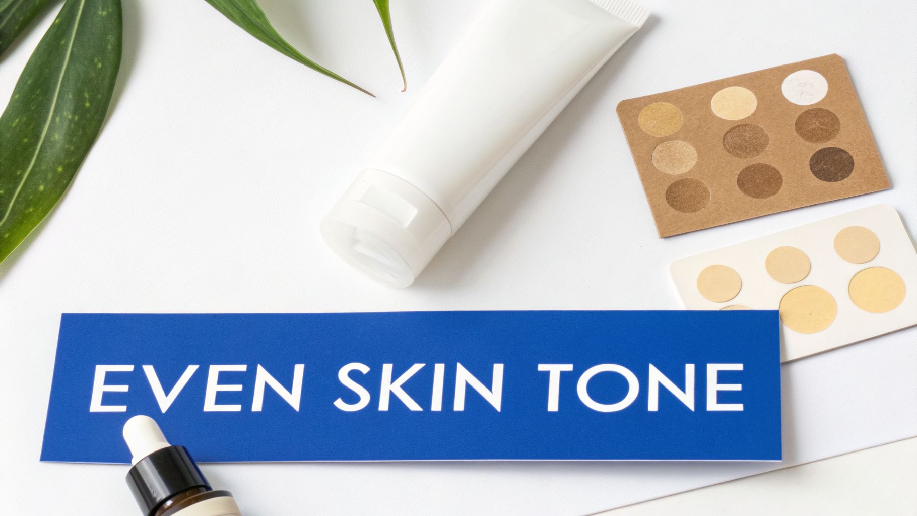 Flat lay of beauty products, including serum, cream, and foundation swatches, for even skin tone.