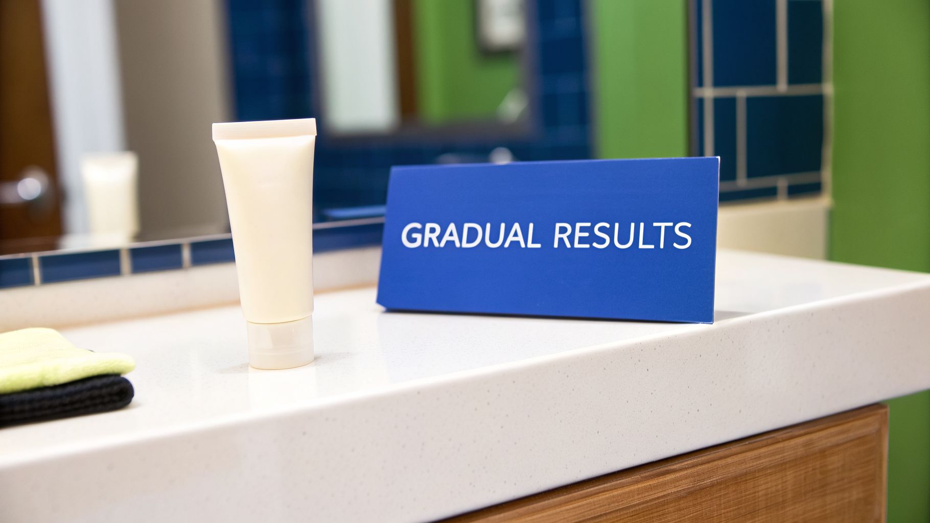 A beige tube of skincare product and a 'GRADUAL RESULTS' sign on a modern bathroom counter.