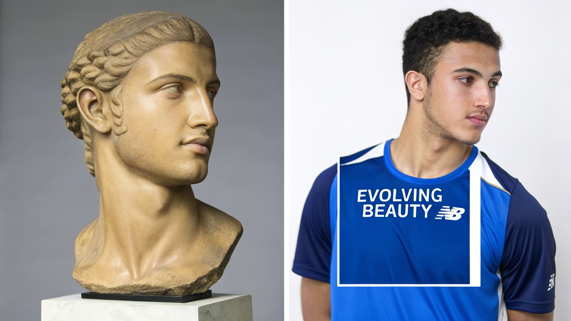 Side-by-side comparison of a classical male bust and a modern man in a sports shirt, depicting evolving beauty.