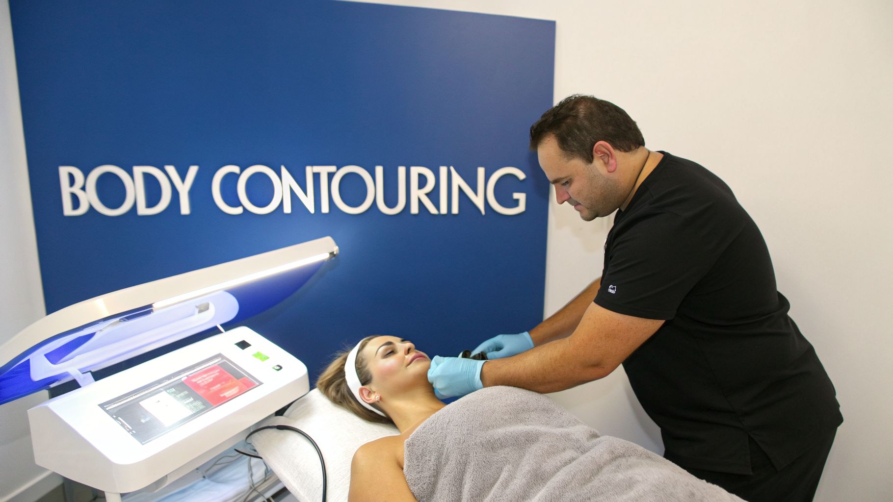 A technician performs a body contouring treatment on a woman's neck in a modern clinic.