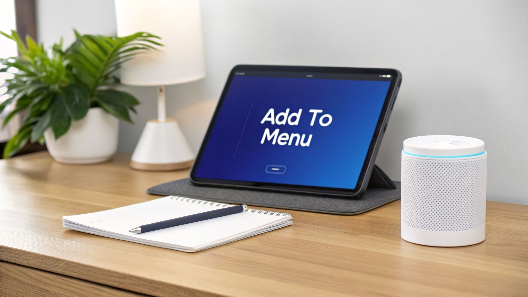 A modern home office desk featuring a tablet displaying 'Add To Menu', a smart speaker, and a plant.