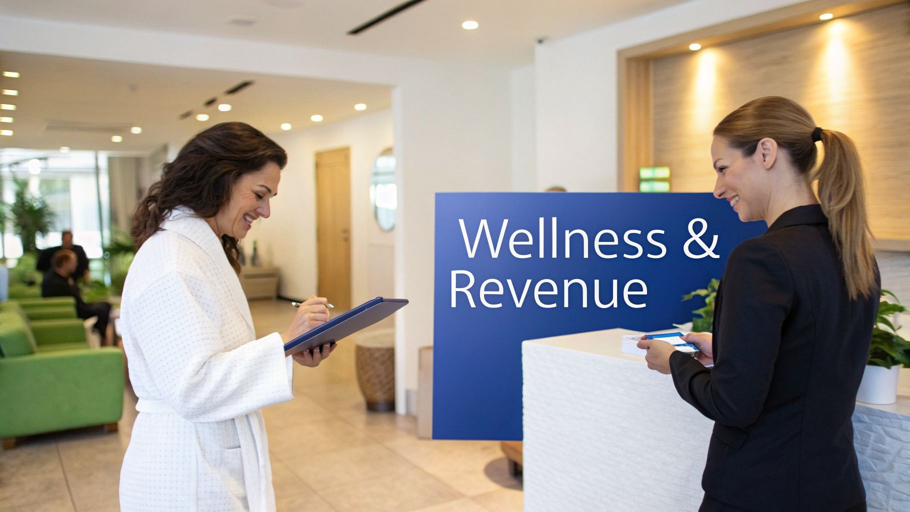 A smiling woman in a bathrobe checks in at a modern spa reception with a staff member.