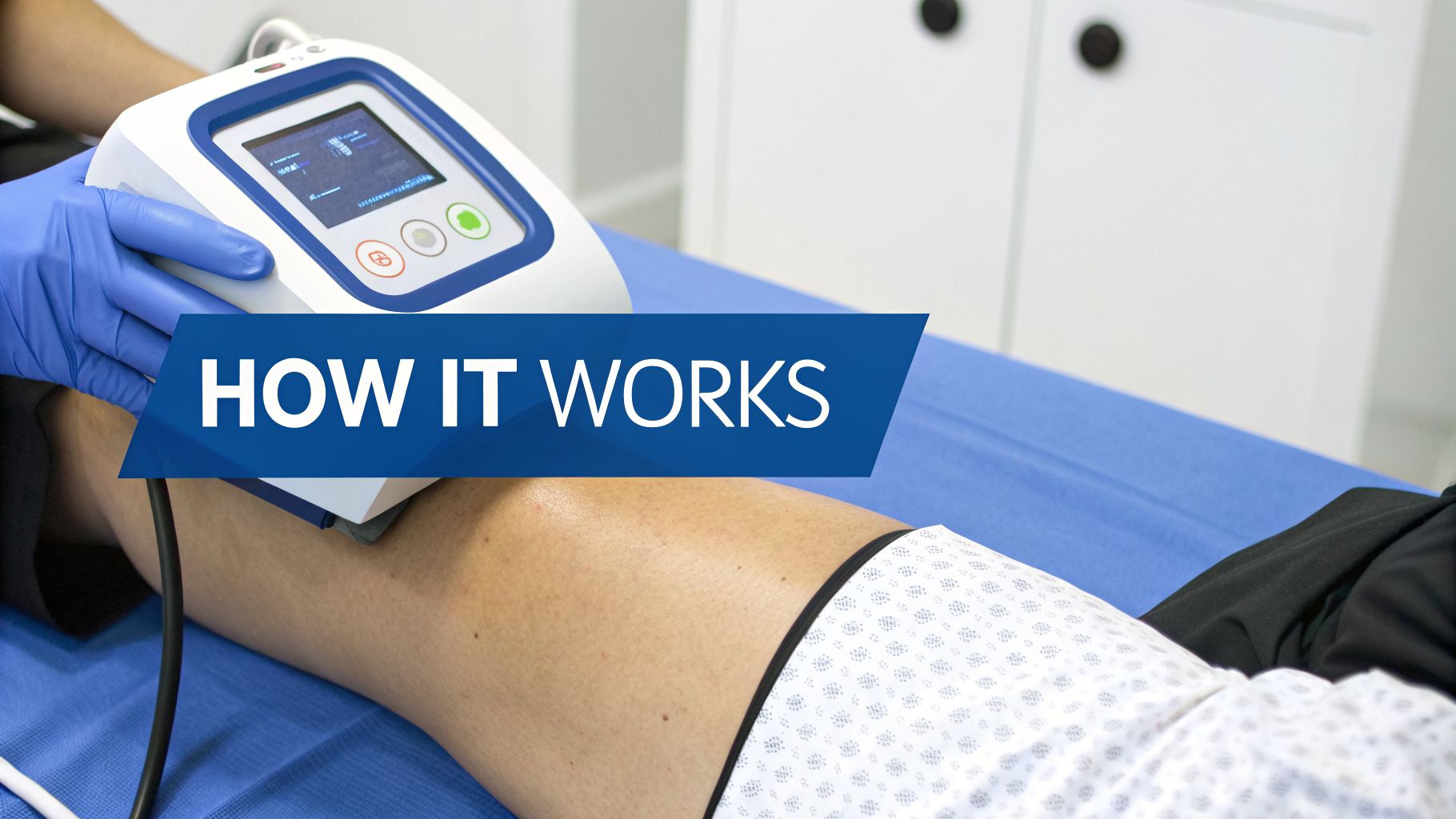 Medical professional applies a therapy device to a patient's leg during a 'HOW IT WORKS' session.