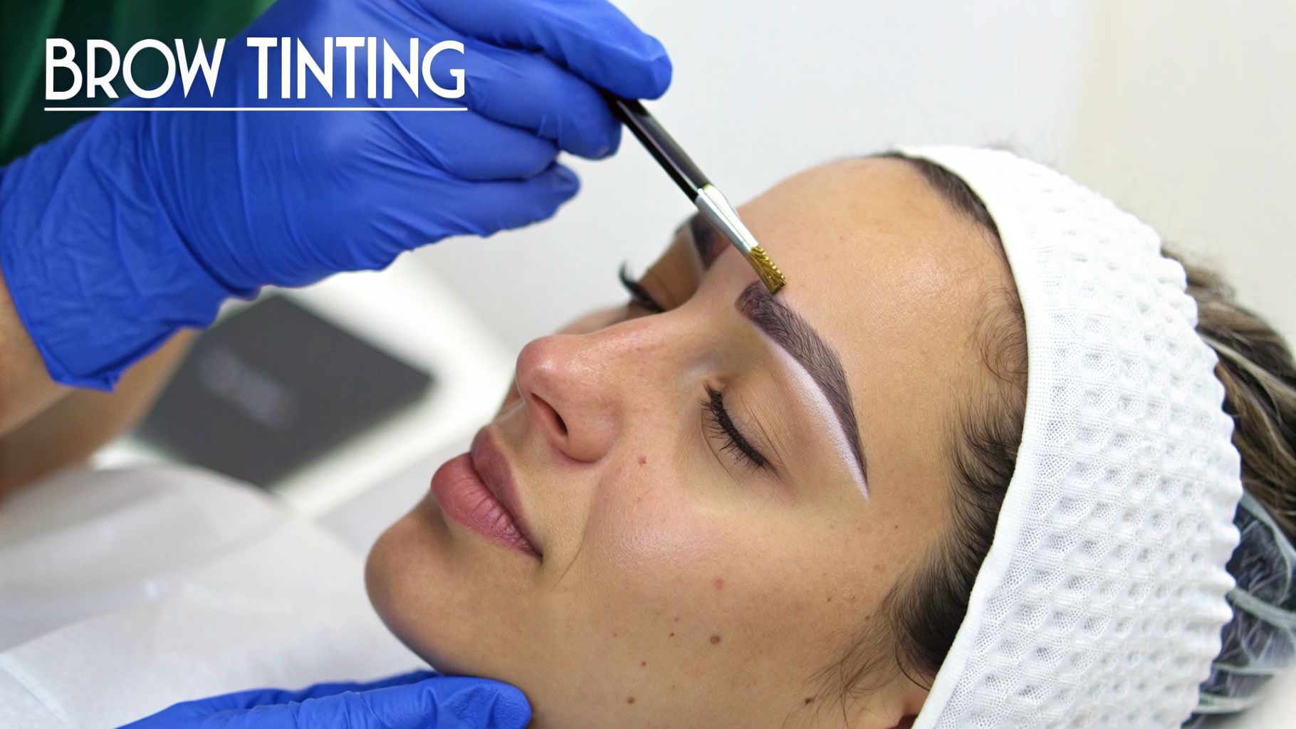 Close-up of a person receiving a brow tinting treatment, with an aesthetician applying product with a brush.