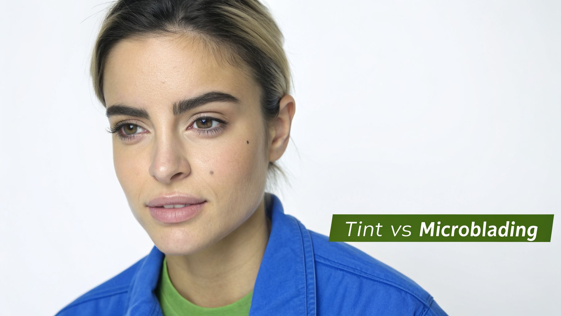 A woman with well-defined eyebrows and light skin, next to text 'Tint vs Microblading'.