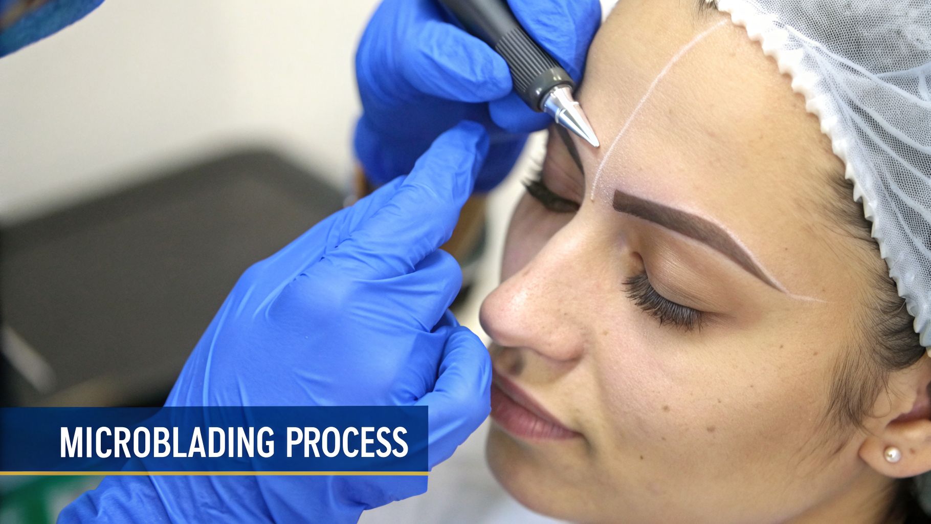 Close-up of a technician's gloved hands performing an eyebrow microblading process on a client.