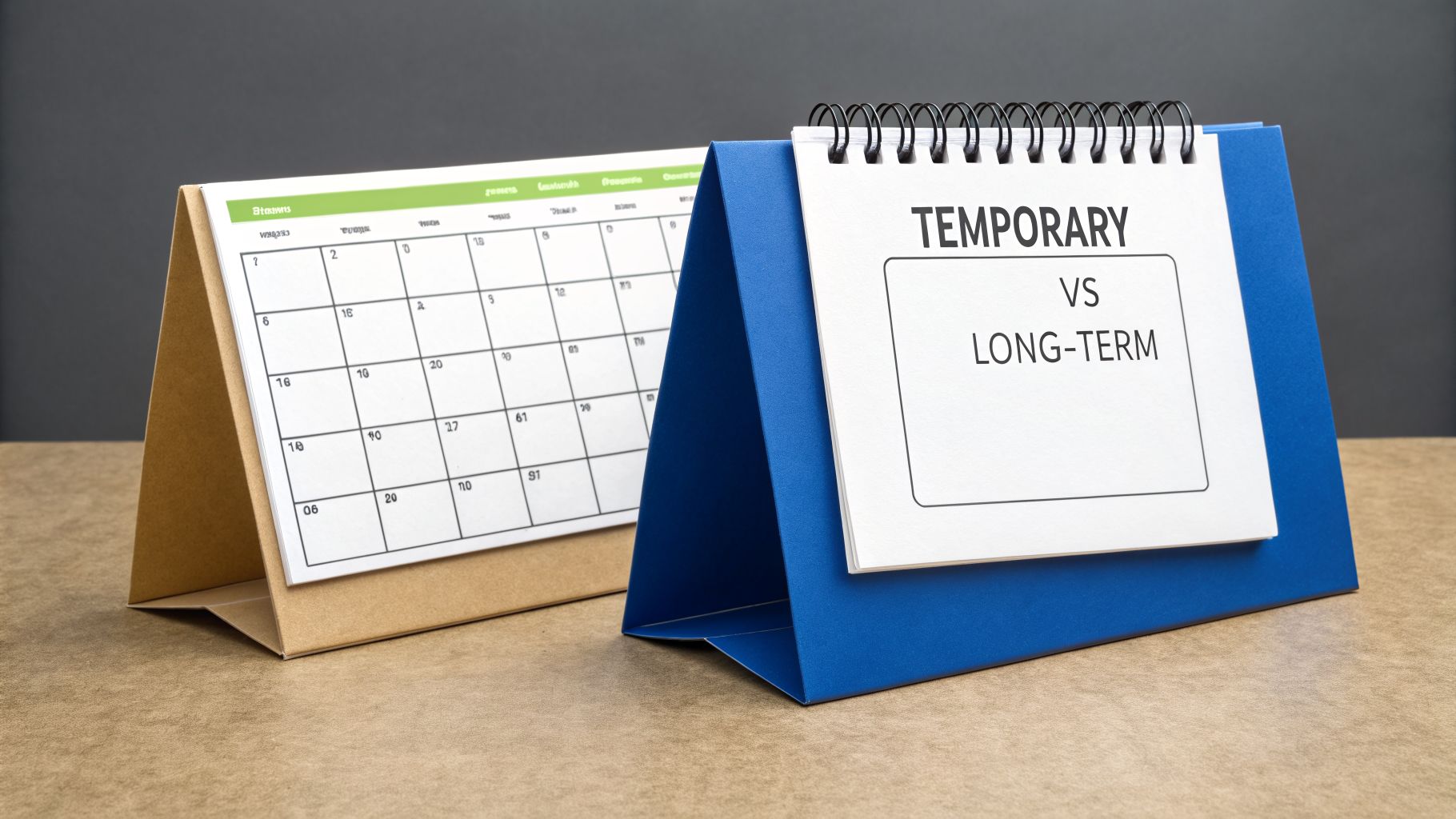 Two desk calendars on a table, one displaying dates and the other comparing "TEMPORARY VS LONG-TERM".