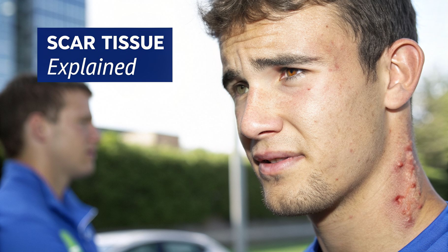 Close-up of a young man with red scar tissue on his neck and heterochromia, with 'SCAR TISSUE Explained' text.