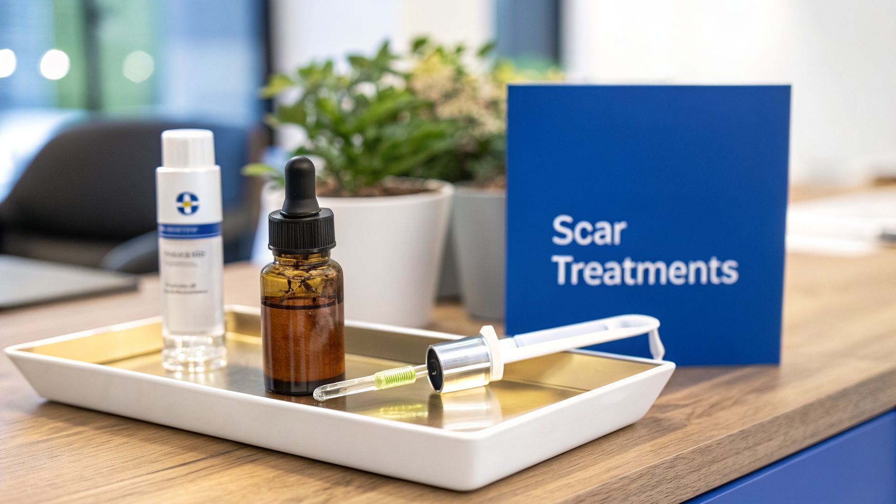 Close-up of scar treatment products on a tray, with a blue 'Scar Treatments' sign in the background.