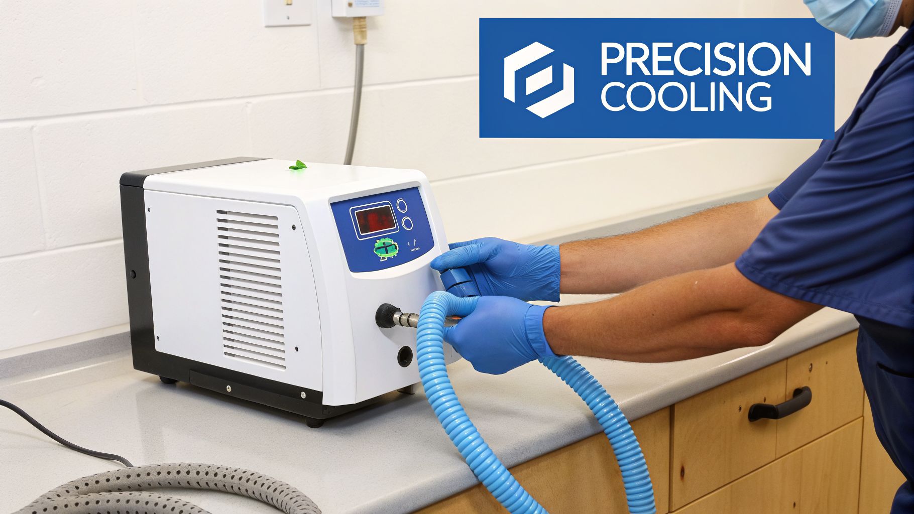 A person in blue gloves connects a blue tube to a white precision cooling medical device.