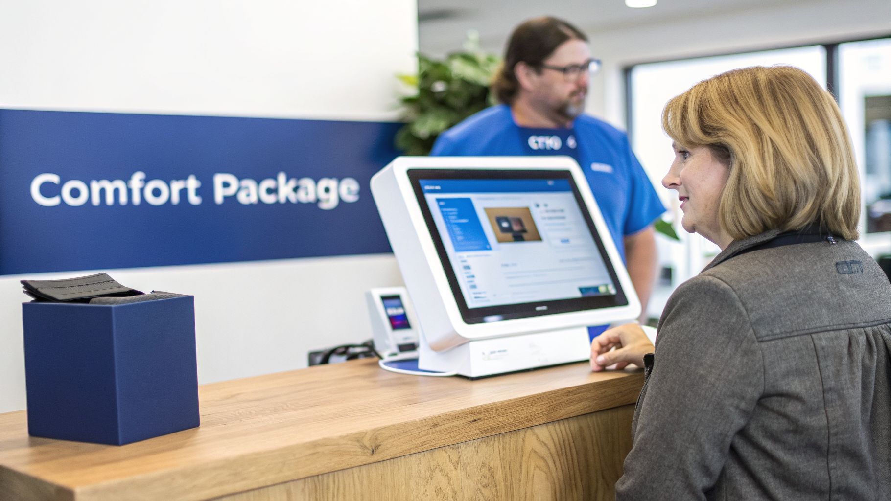 A woman interacts with a touchscreen display at a modern service counter, with a male employee behind her.