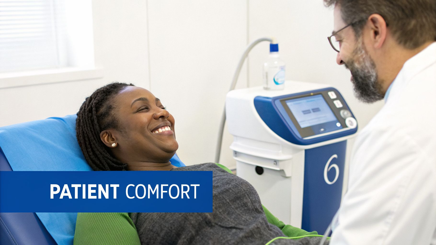 Happy Black woman smiles comfortably at a doctor during a medical procedure with a device nearby.
