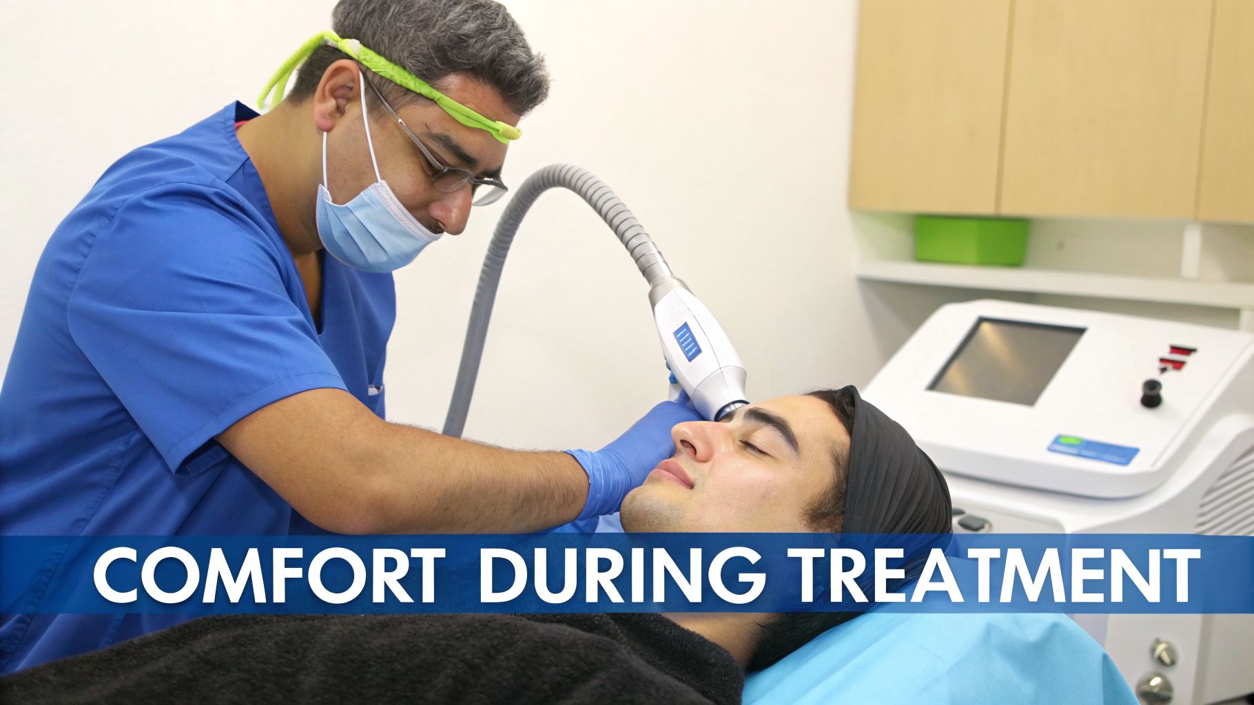 A medical professional performs a facial treatment on a relaxed patient, emphasizing comfort.