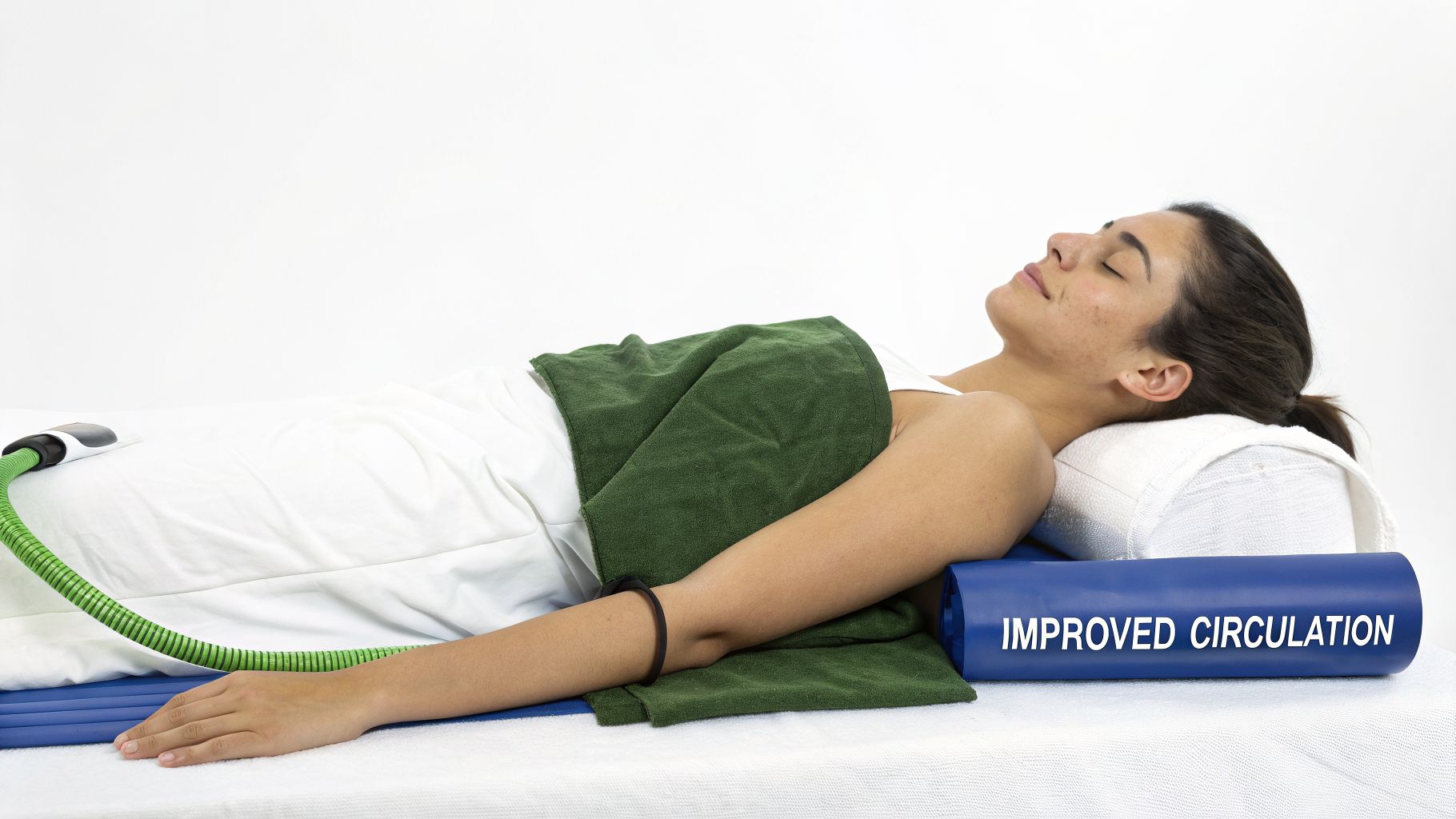 A woman lies relaxed on a therapy bed with a green tube device and a blue support saying 'IMPROVED CIRCULATION'.