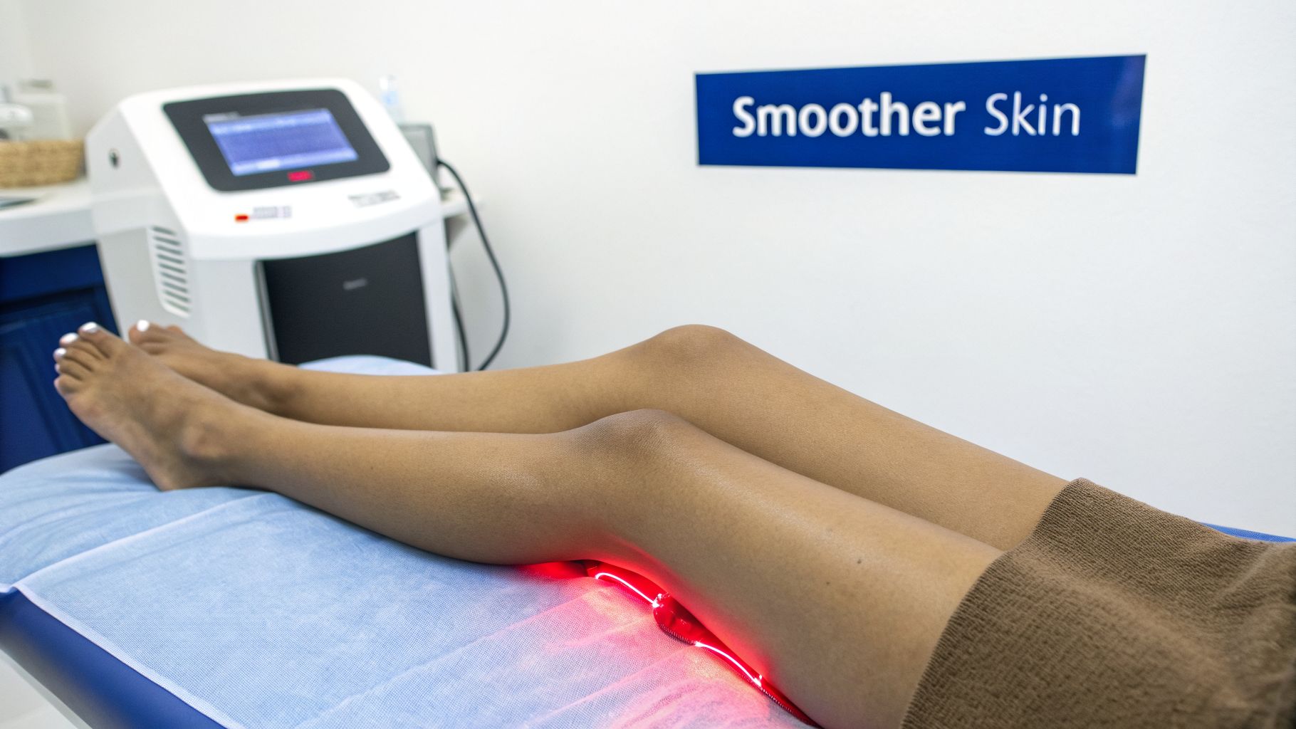 A person's legs receiving red light therapy on a treatment bed for smoother skin.