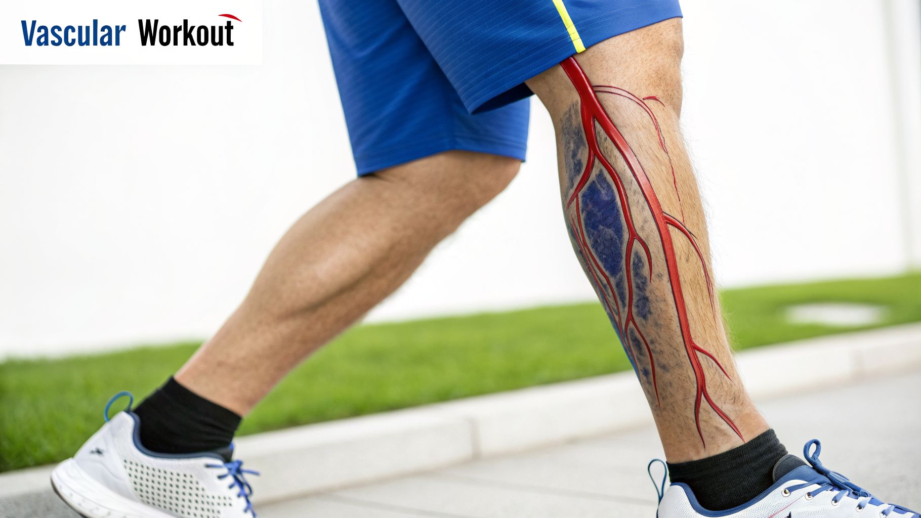 A person's leg with an anatomical overlay of the vascular system during a workout.