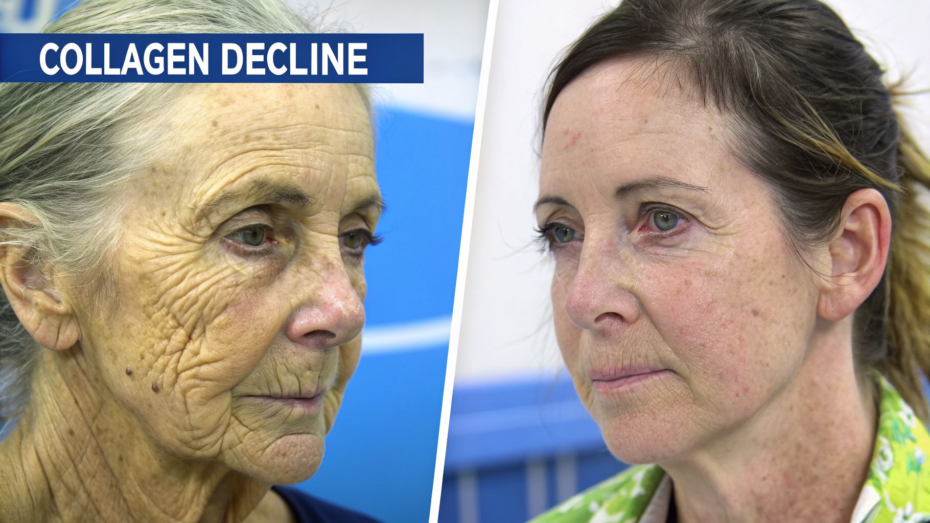 Side-by-side comparison of two women's faces, highlighting the effects of collagen decline.
