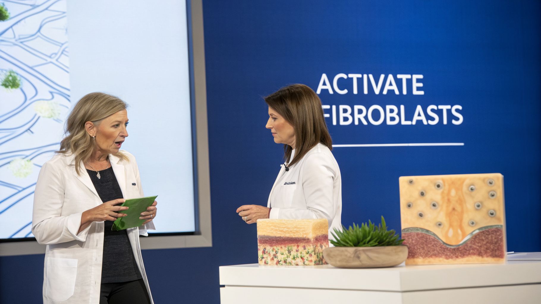 Two scientists in lab coats discussing skin biology with models and a 'Activate Fibroblasts' display.