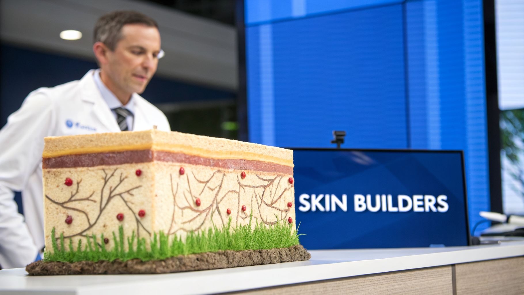 A detailed edible model of skin layers, roots, and cells, with a doctor in a lab coat and 'SKIN BUILDERS' screen in the background.