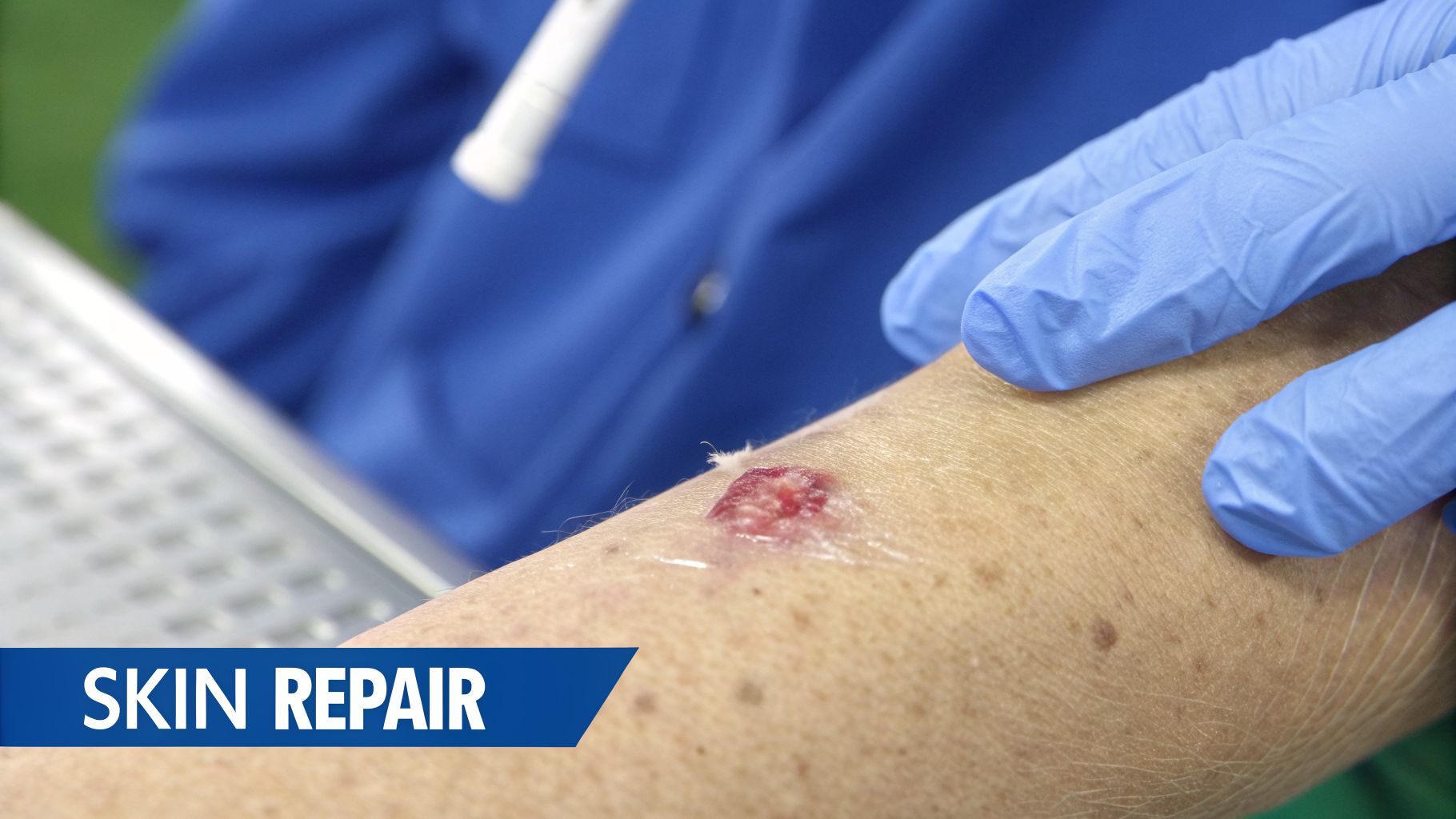A gloved hand examines a healing skin lesion on a person's arm, signifying skin repair.