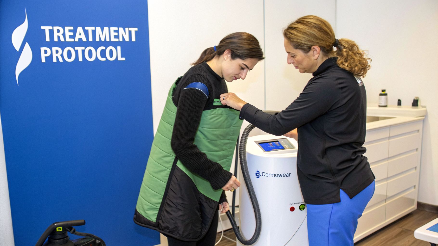 A technician assists a woman getting ready for a treatment with a green body wrap from a Dermowear machine.