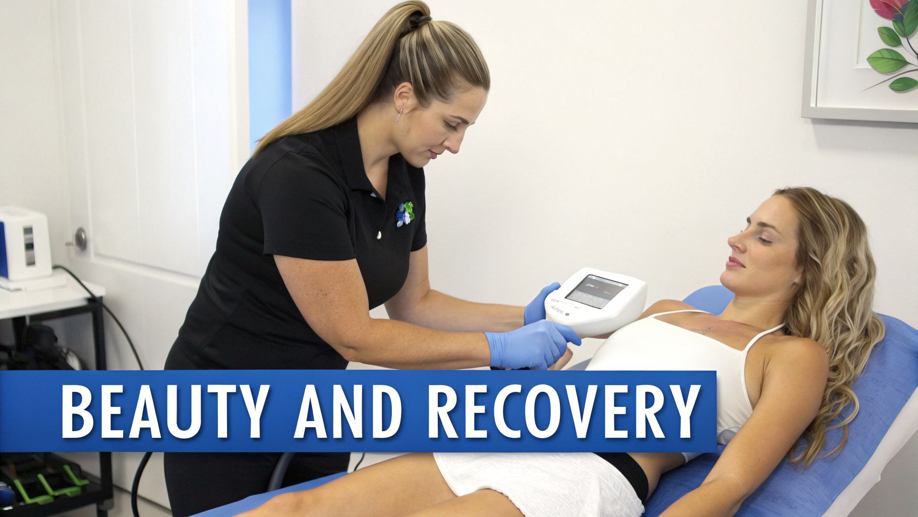 A therapist in blue gloves performs a body treatment on a woman's abdomen with a cryotherapy machine.