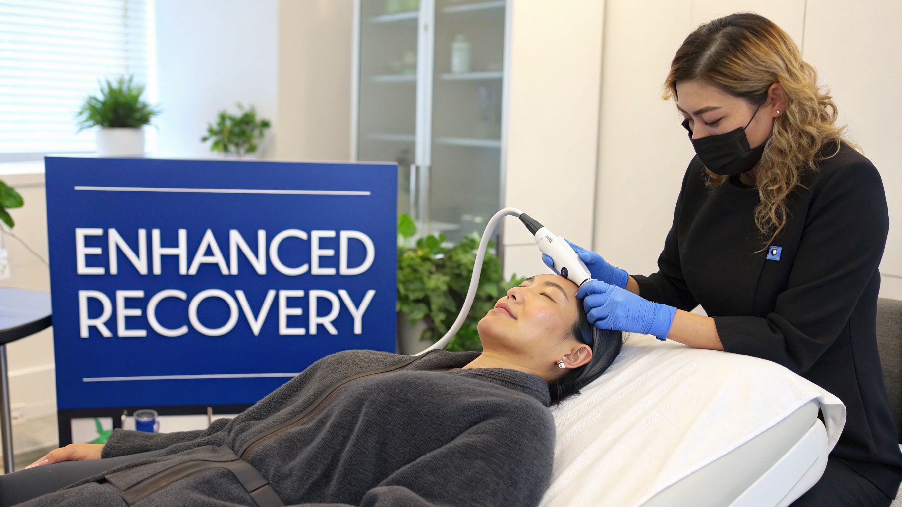 A practitioner administers a cosmetic facial treatment to a patient's forehead in a clinic setting.