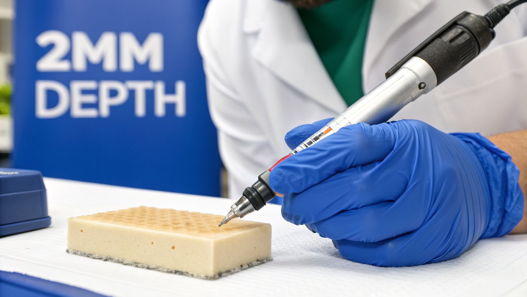 A person in a lab coat and blue gloves uses a microneedling device on a textured beige block, with "2MM DEPTH" visible.