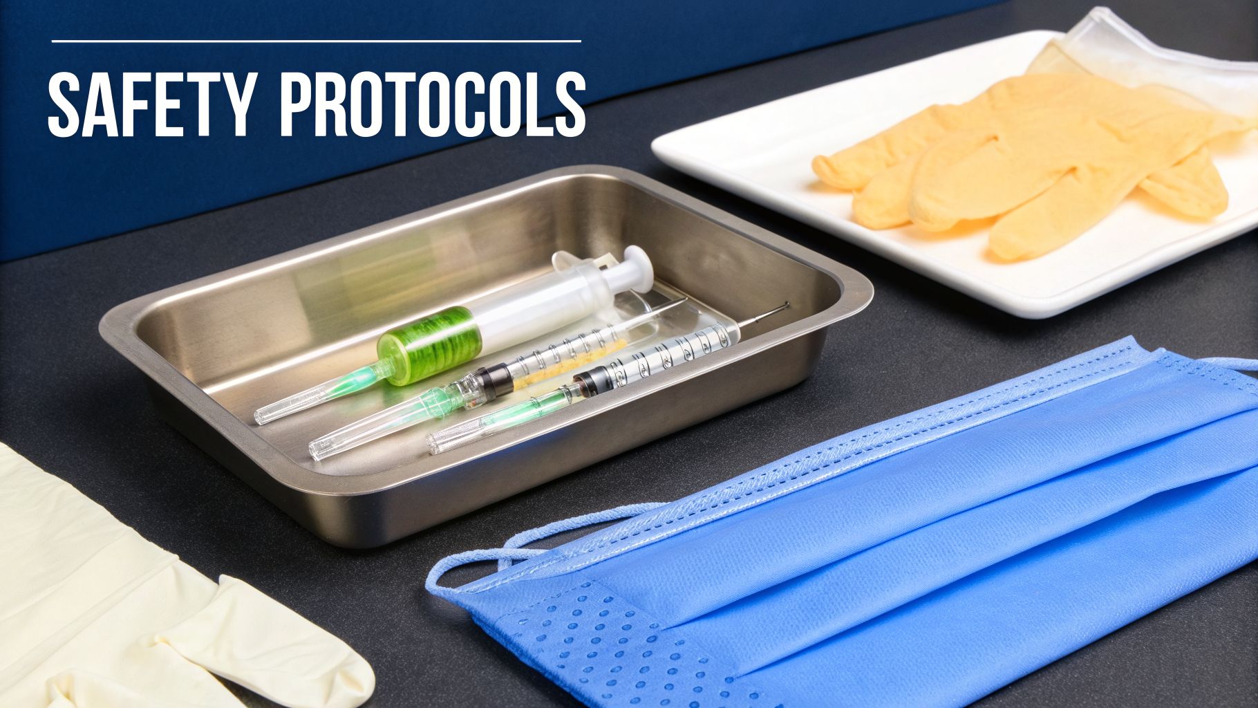 Medical safety protocols display with syringes, gloves, and a face mask on a dark surface.