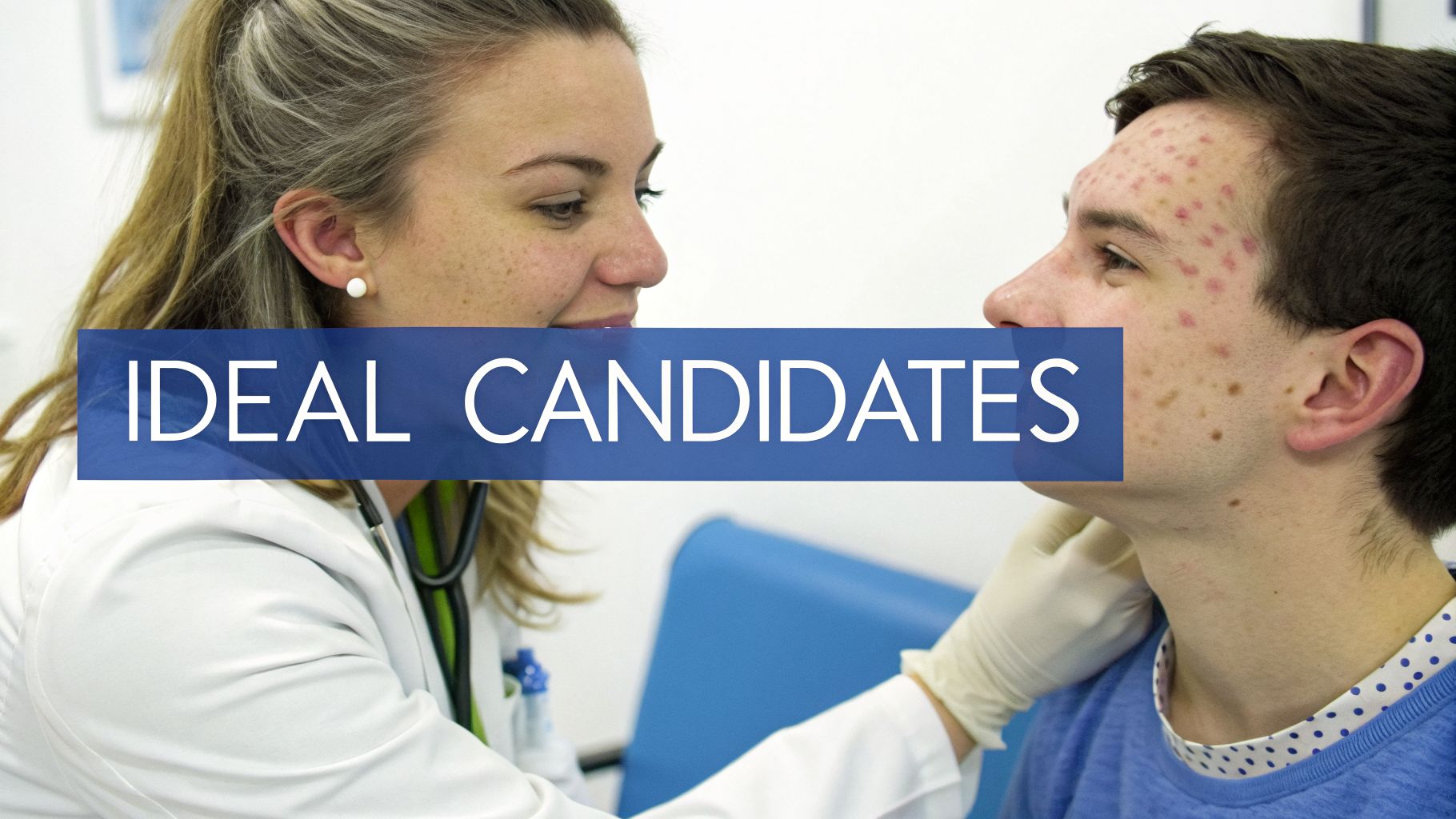 A dermatologist examines a young male patient's face for skin conditions, with text 'IDEAL CANDIDATES'.