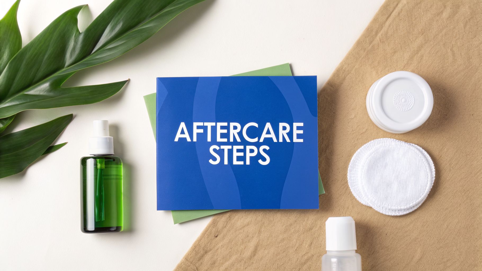 Aftercare steps card with a green skincare bottle, cotton pads, and a leaf on a neutral background.