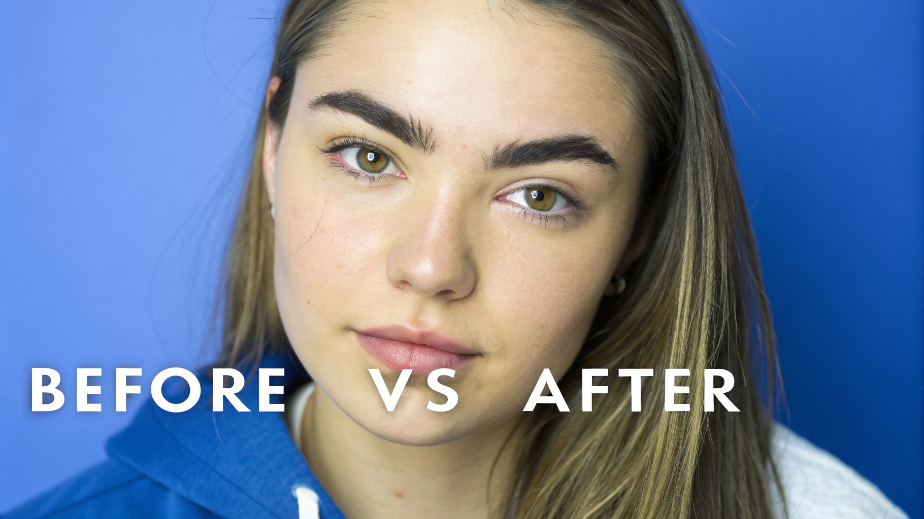 Close-up of a young woman's face with prominent eyebrows, illustrating a 'Before vs After' beauty treatment.