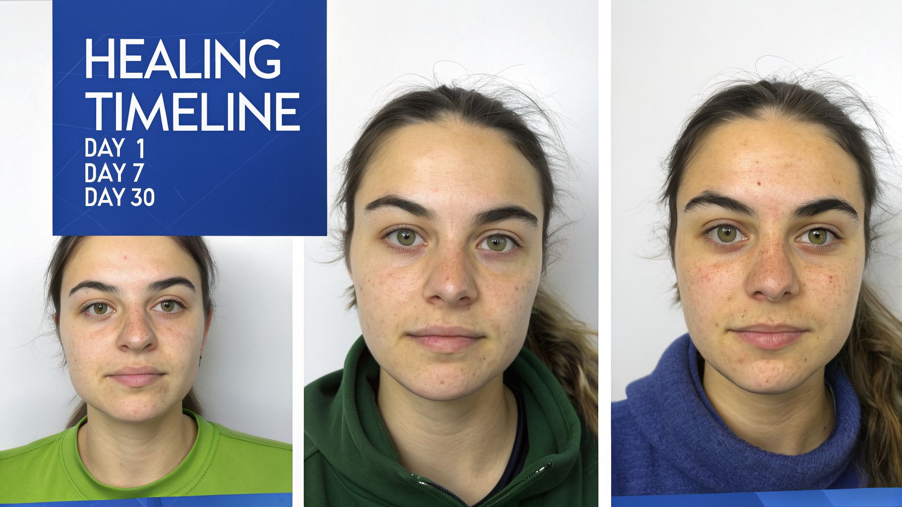 A healing timeline of a woman's face, showing progress from Day 1 to Day 30.