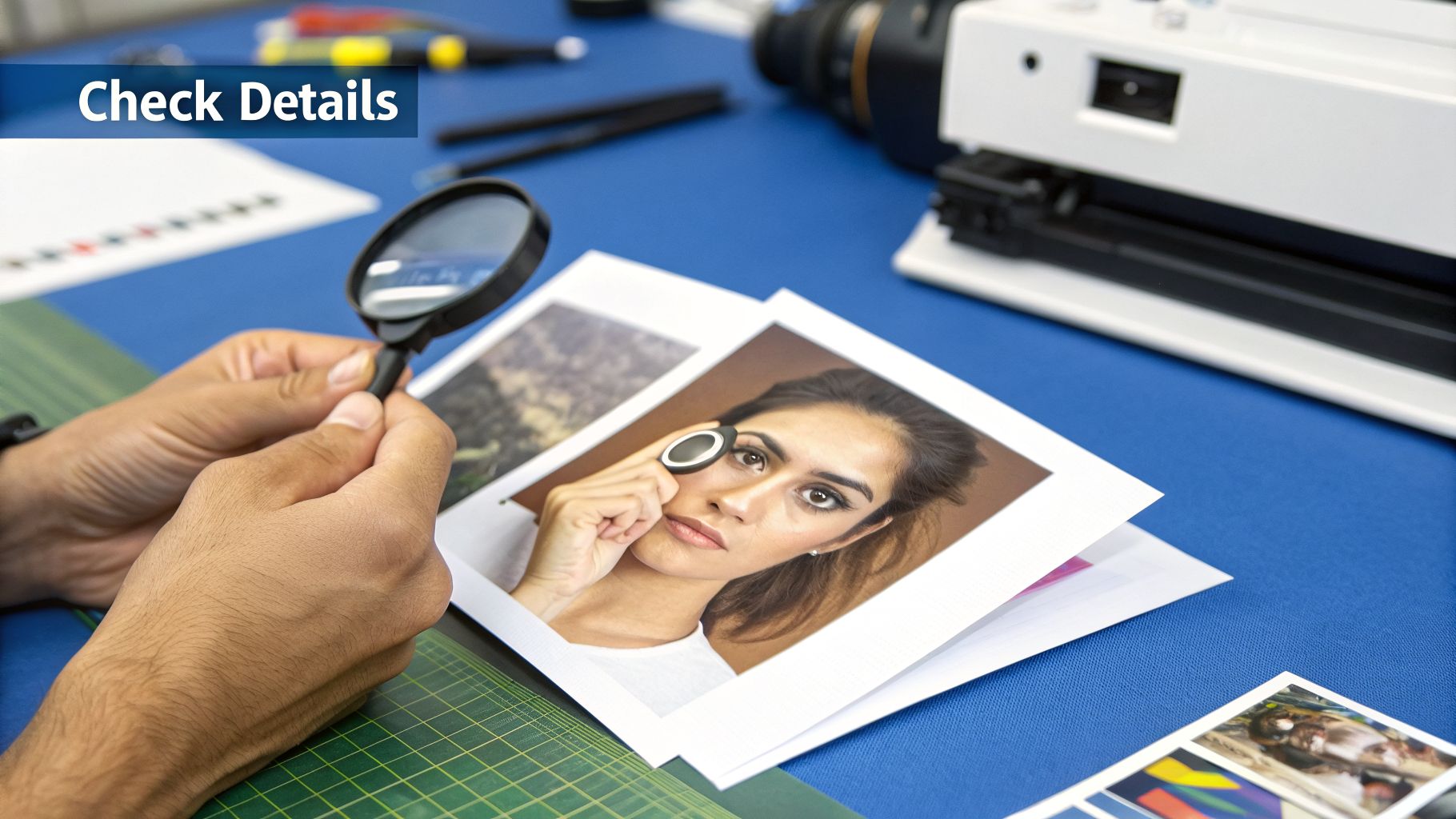 Hands use a magnifying glass to inspect a printed photo of a woman on a blue table, checking details.