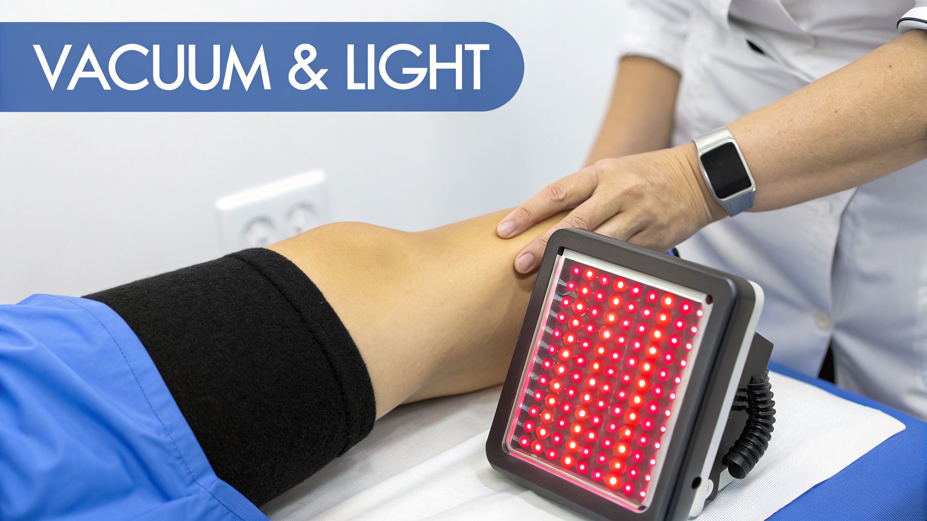 Professional administering red light therapy to a patient's leg, hinting at a body contouring procedure.