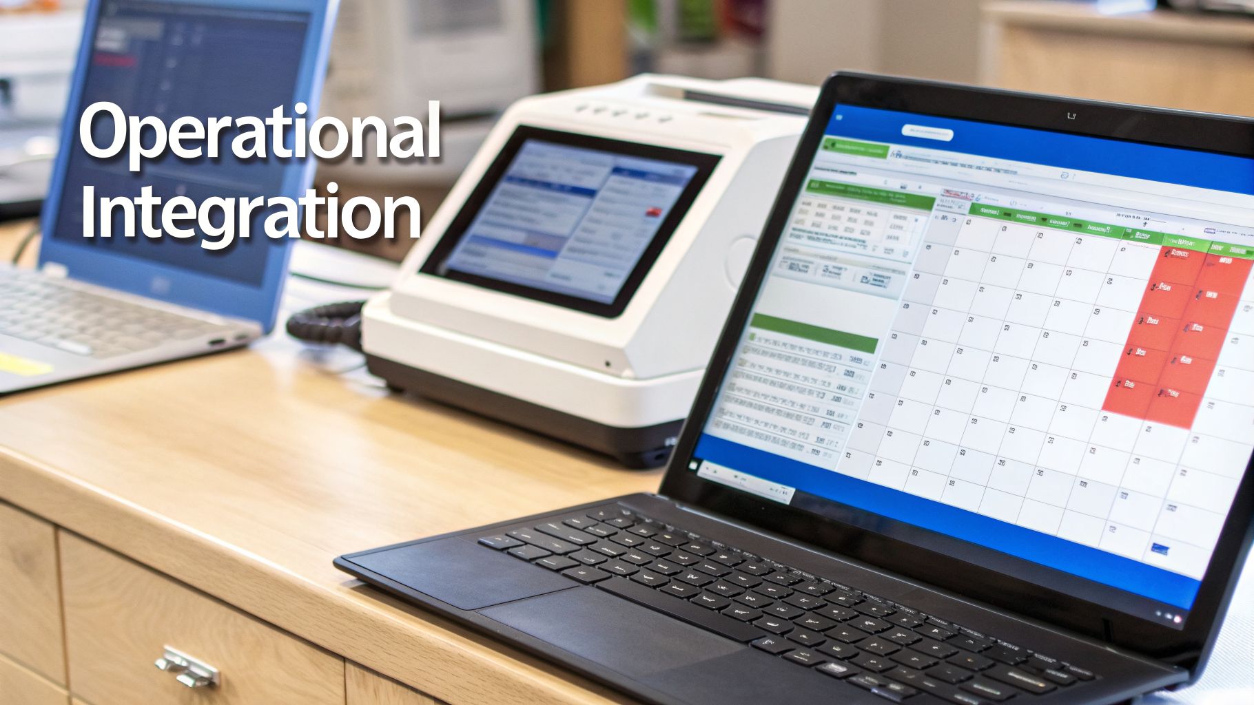 Modern laptops and a white scientific device on a wooden desk, illustrating operational integration.