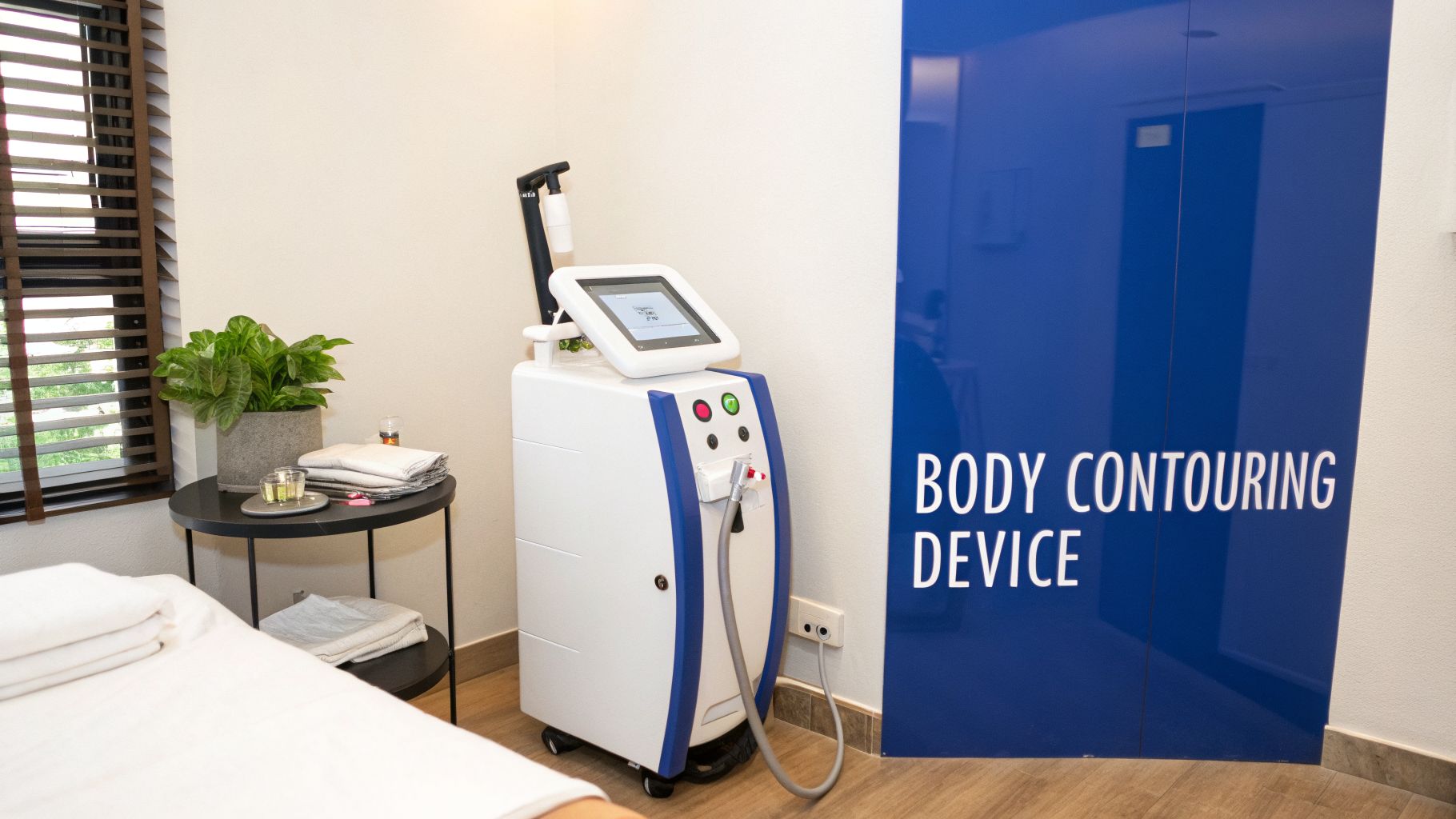 A modern treatment room with a professional body contouring device, bed, and side table.