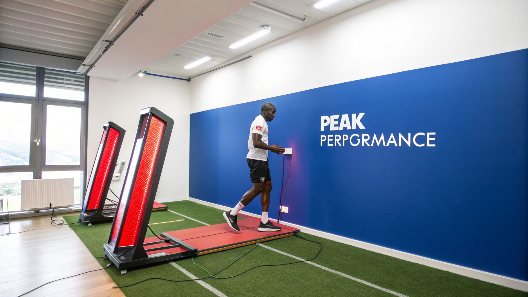 An athlete uses red light therapy equipment during a training session for peak performance.