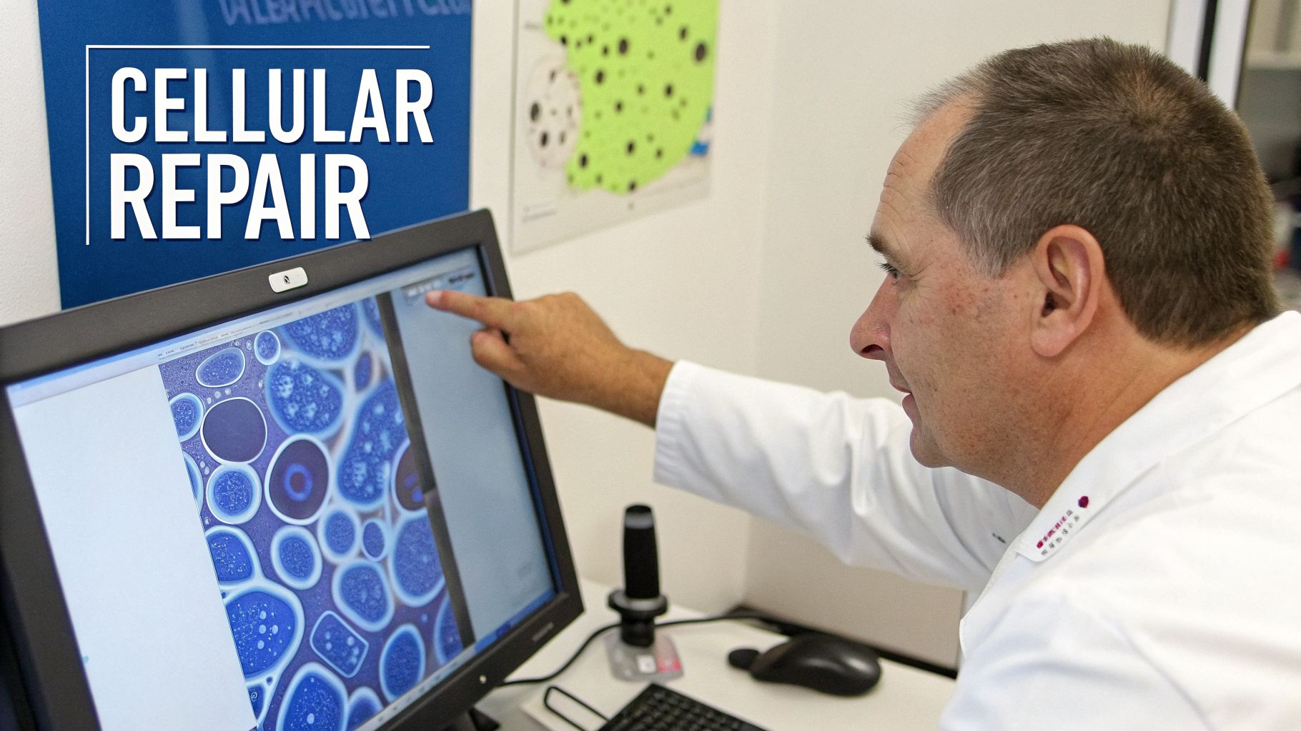 A scientist in a lab coat points at a monitor displaying cellular images, with 'Cellular Repair' text.