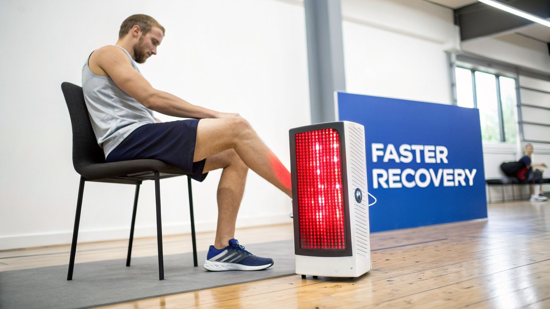 A man in activewear sits on a chair, using a red light therapy panel on his leg.