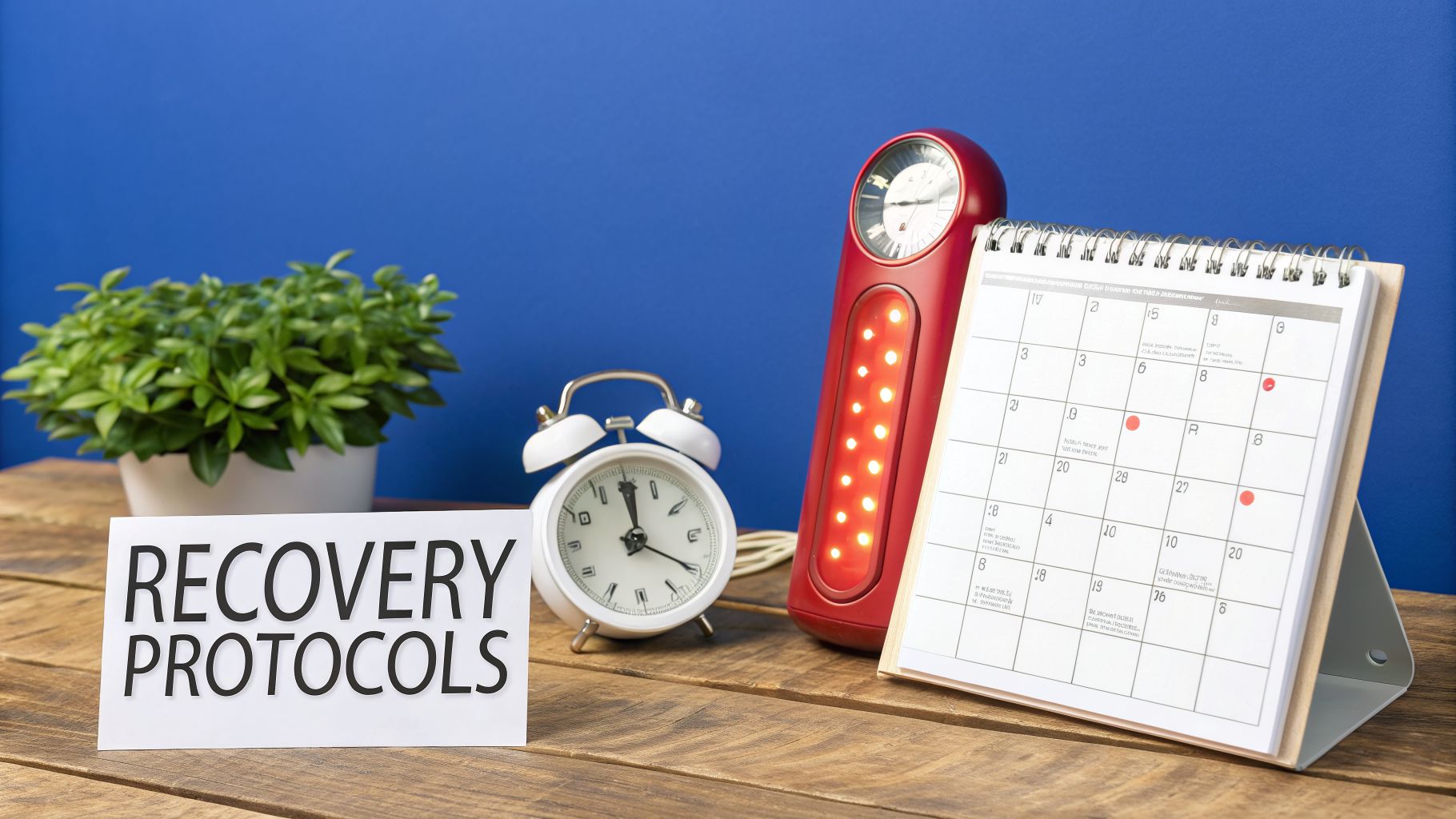 White card with 'RECOVERY PROTOCOLS' on a wooden desk with a red light therapy device and a calendar.