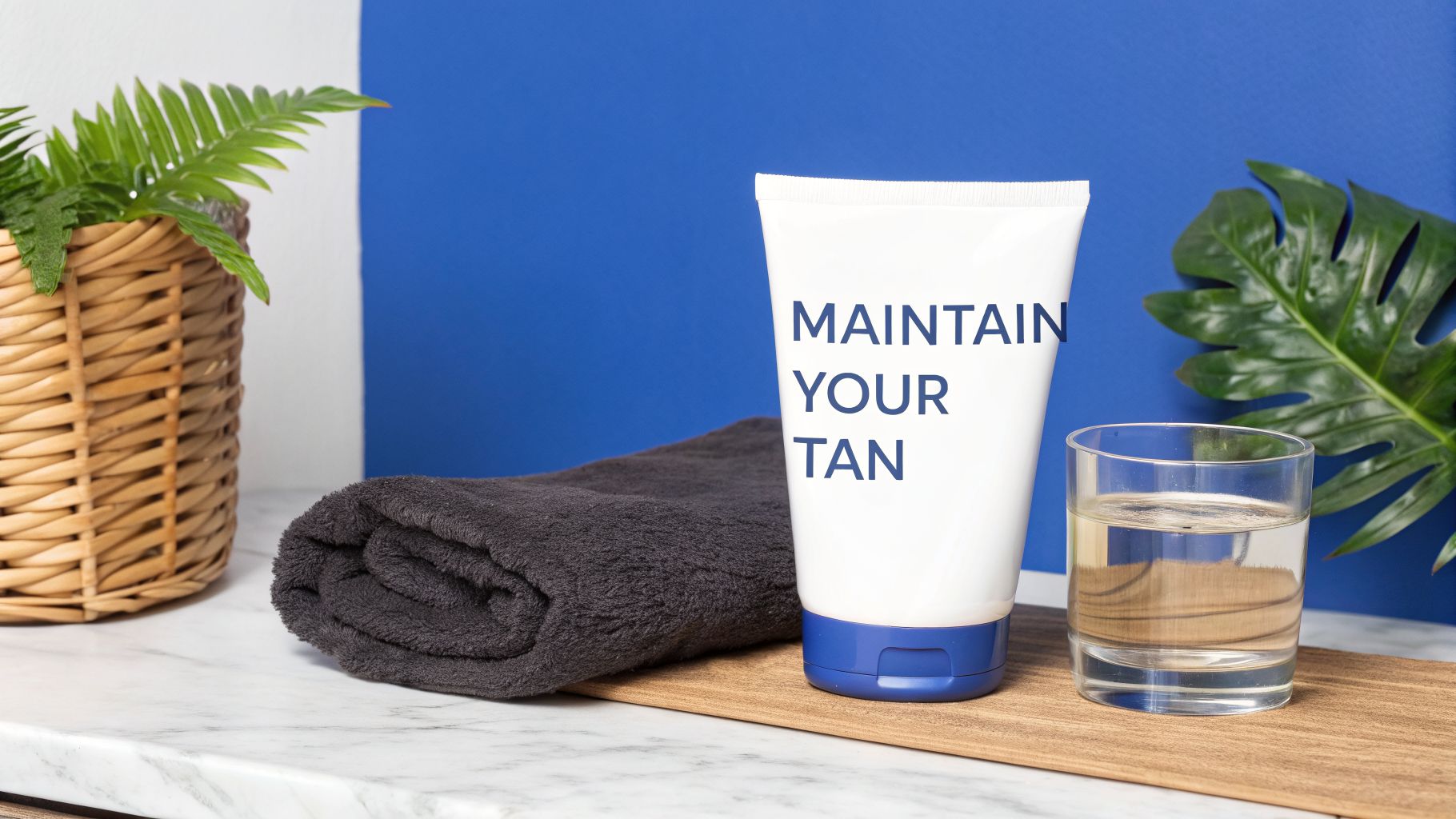 A white lotion tube labeled 'MAINTAIN YOUR TAN' next to a grey towel and a glass of water, with plants in the background.