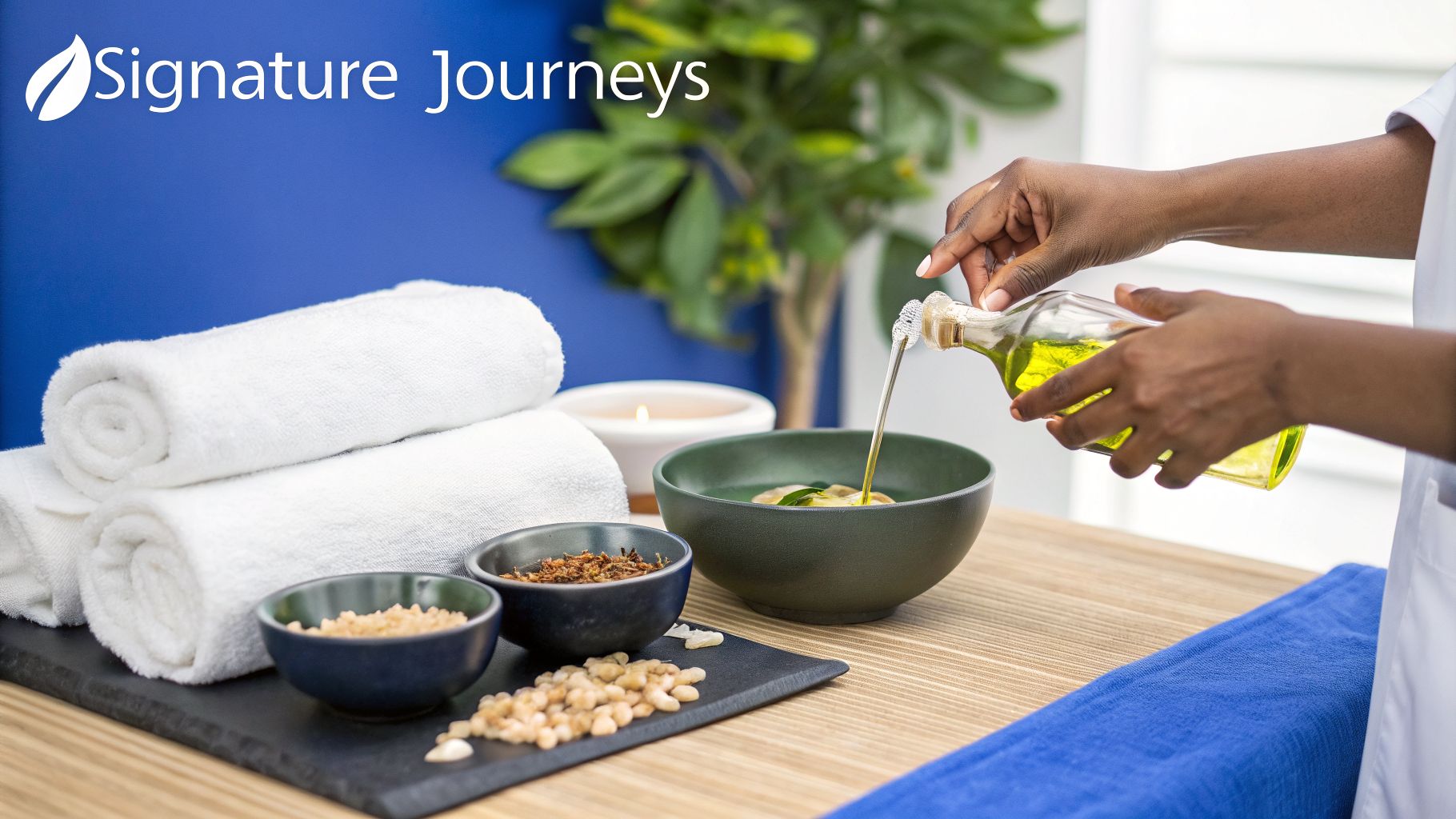 Hands pour essential oil into a bowl at a spa with towels and natural ingredients, for a relaxing treatment.