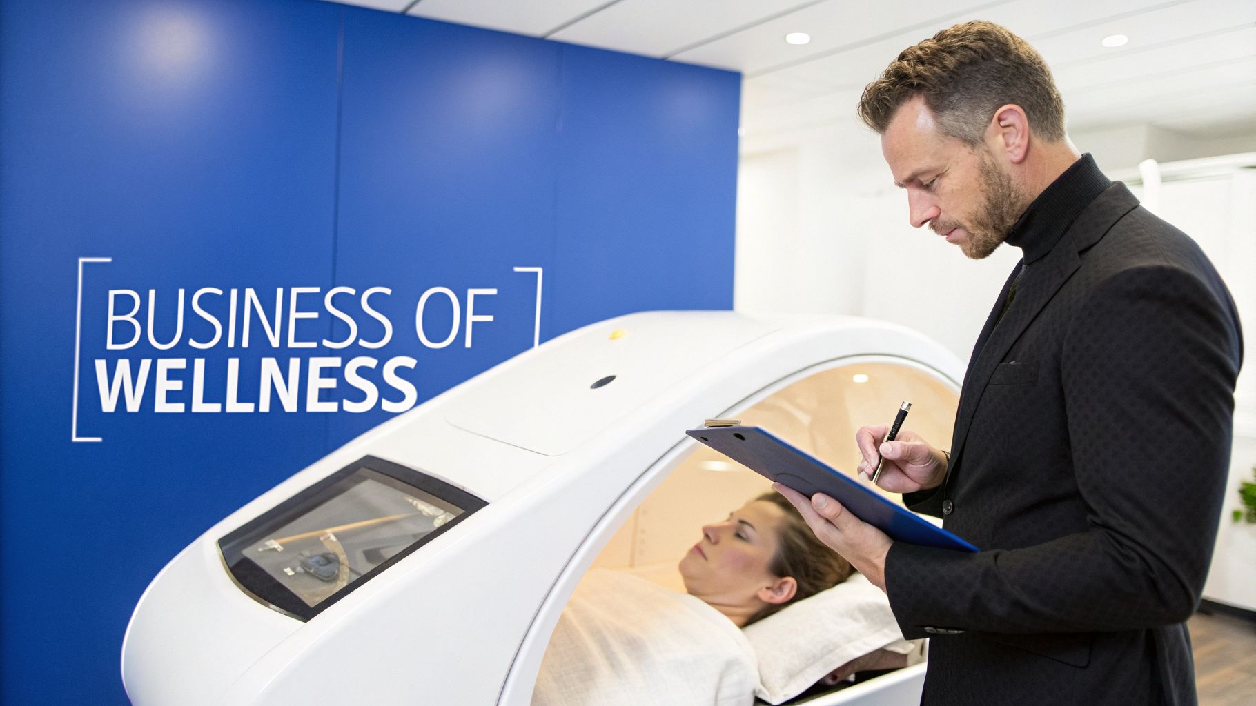 A professional man monitors a woman in a futuristic wellness pod, promoting business of wellness.