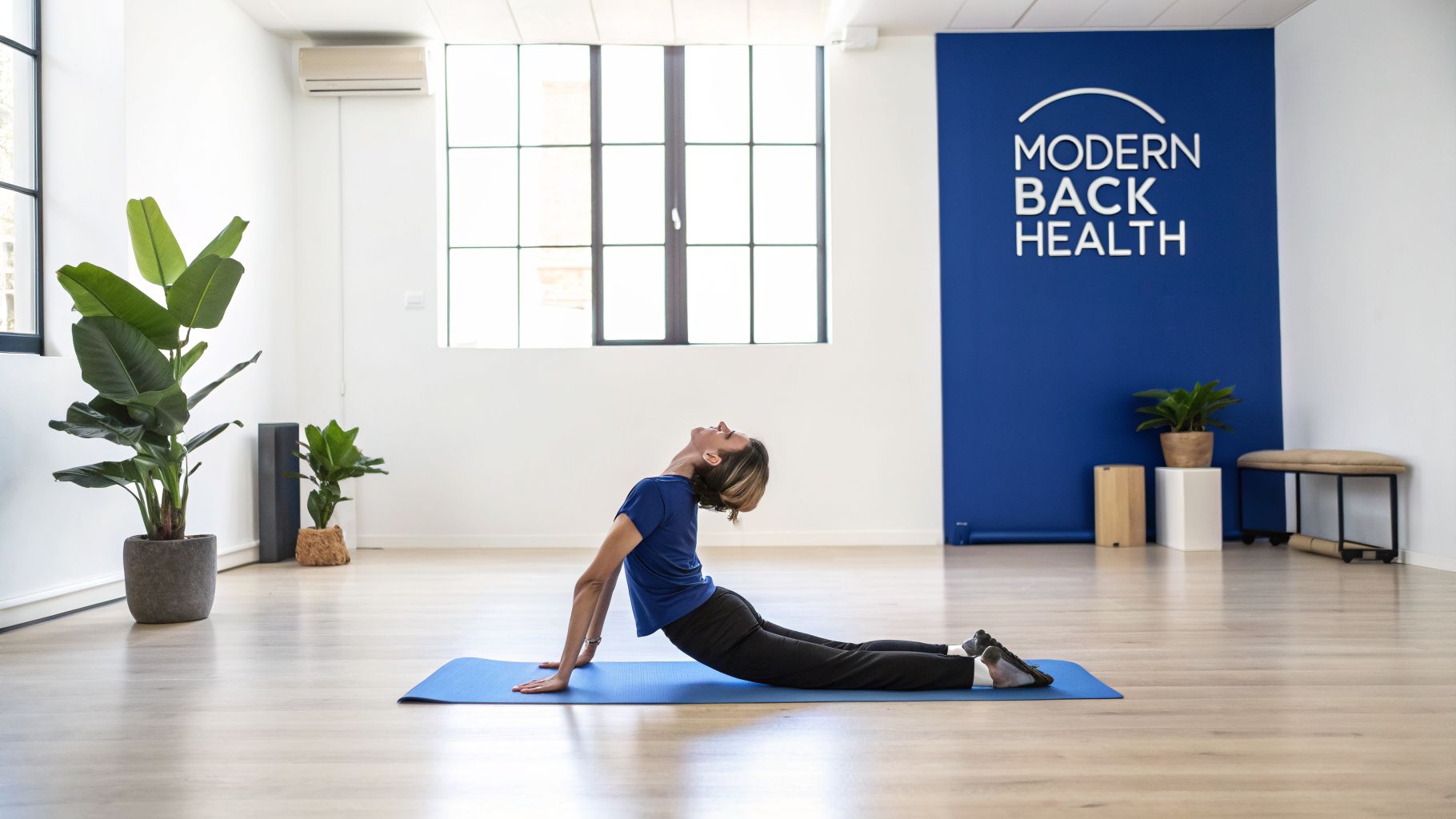 A woman performing an upward-facing dog yoga pose on a blue mat in a modern studio with a back health logo.